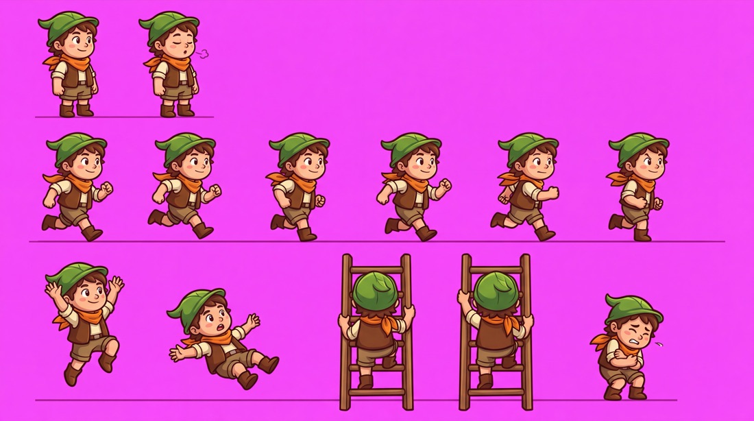 A hero sprite sheet on magenta