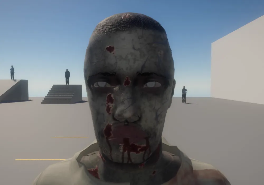 A close-up of a zombie's face with pale, glassy eyes