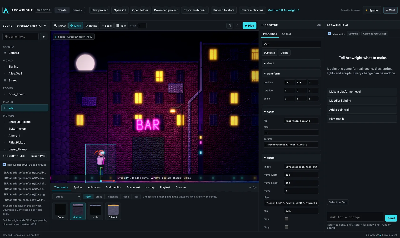 The Arcwright browser editor with the 2D game Neon Alley open: scene list, game view, inspector and the AI chat
