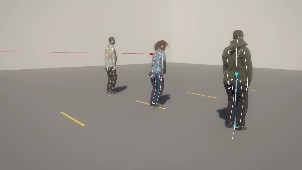 Test characters with their skeletons drawn live as white lines