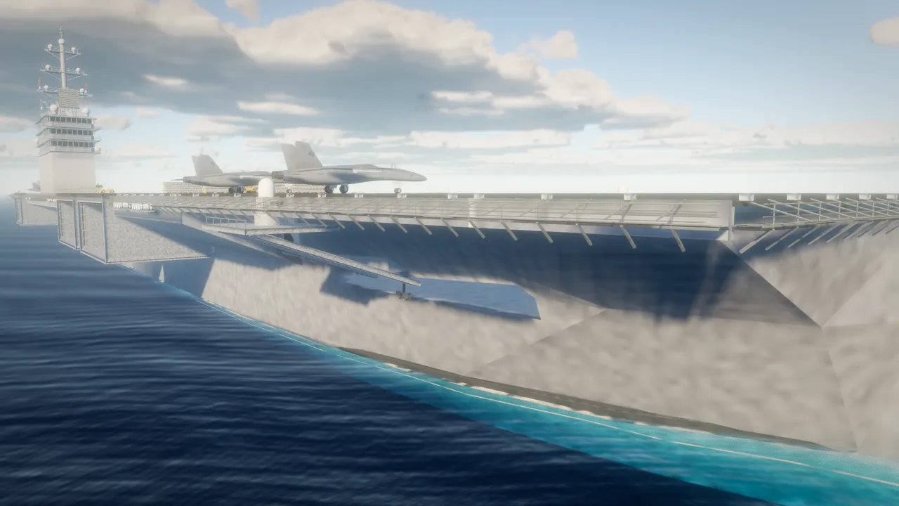 An aircraft carrier's bow on open water