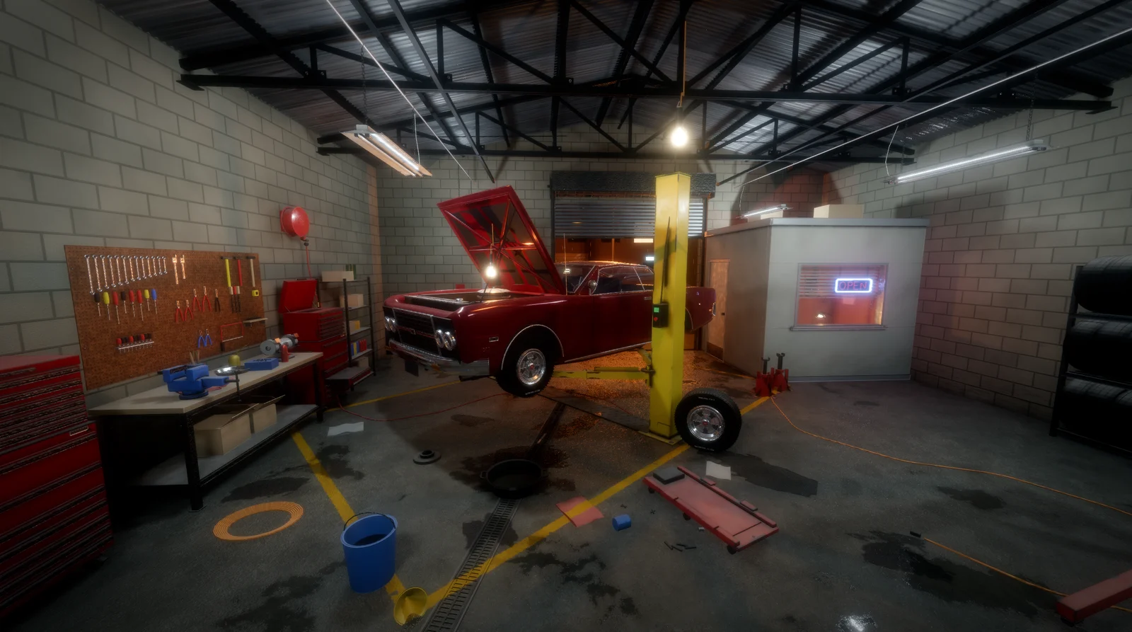A forged muscle car on a lift in a forged garage