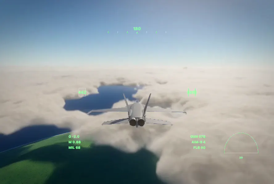 A jet flying above the clouds in Night Shield