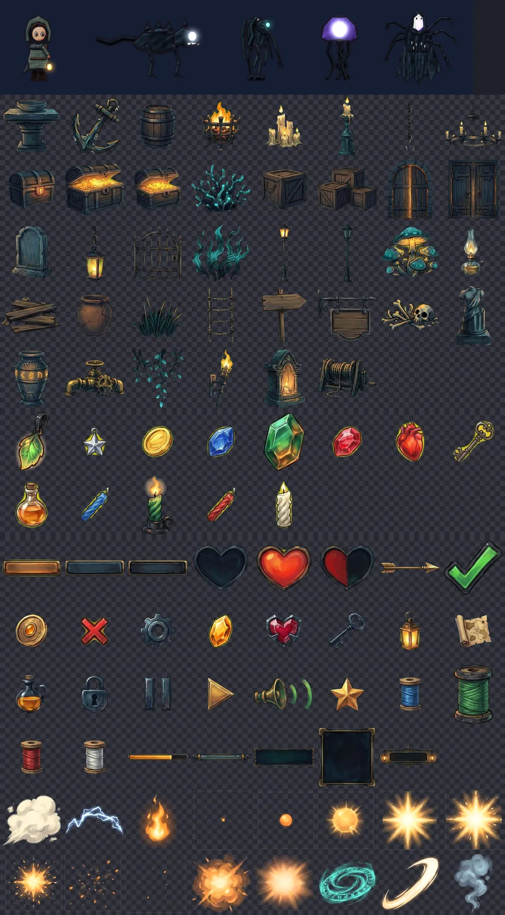 Contact sheet of the Lanternfall pack: characters, props, pickups, UI and effects