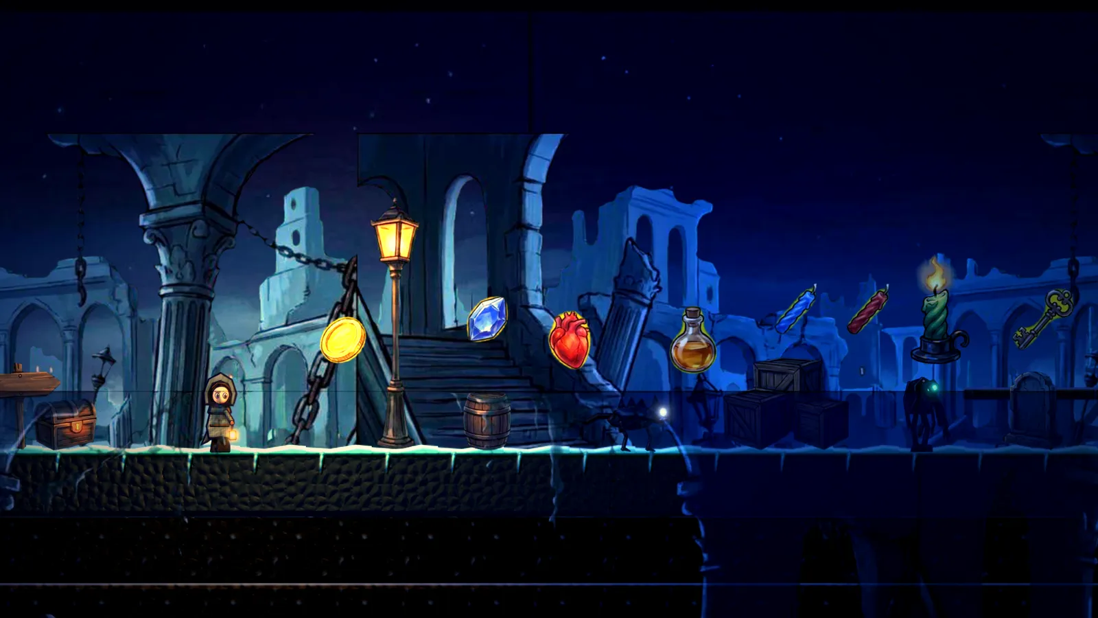 Every piece of the Lanternfall pack running in the 2D editor under 2D light