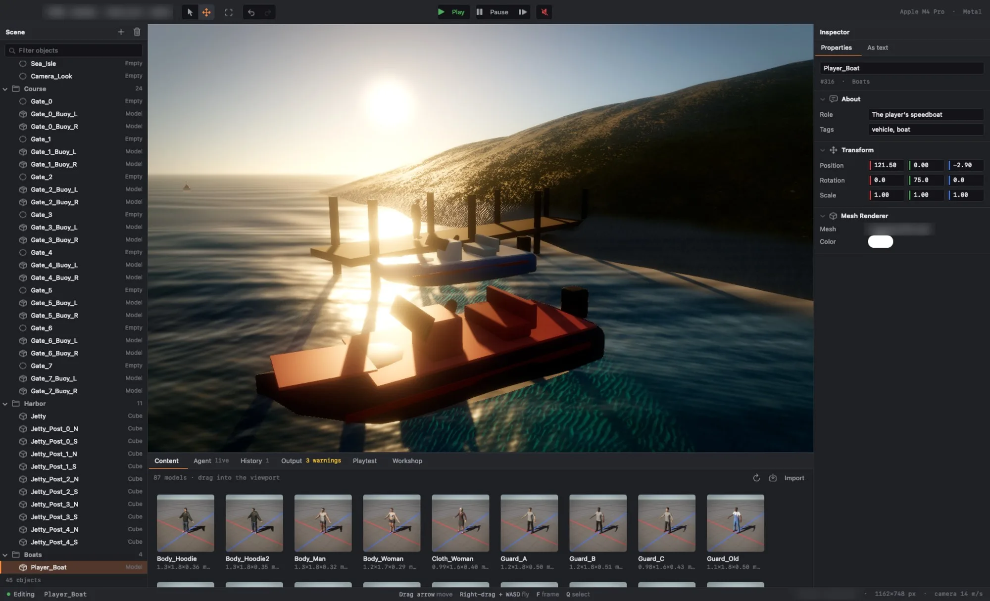 The Arcwright editor with Harbor Run open: the scene list on the left, two speedboats at a jetty at sunset in the viewport, the inspector on the right