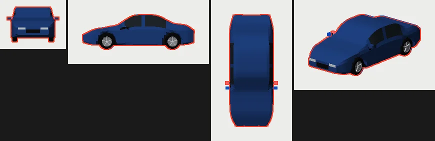 A forged car with the reference outline drawn in red over it, from four sides