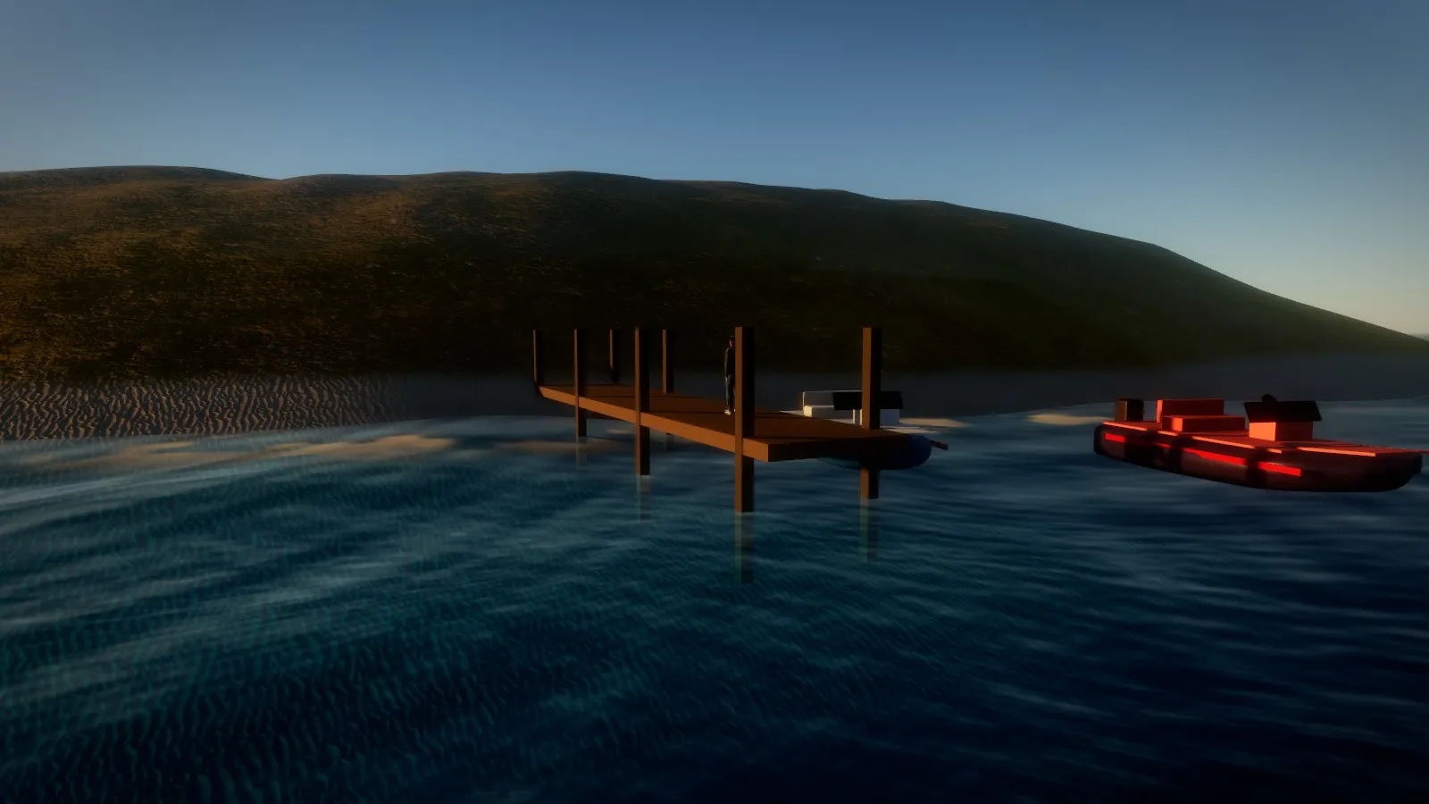 A jetty at dusk with two speedboats moored, a hill behind