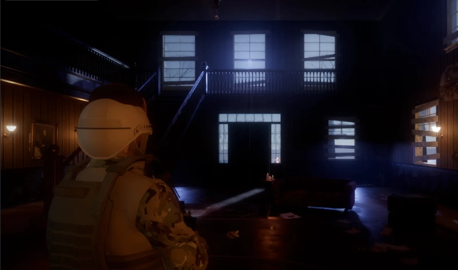 The soldier, in helmet and plate carrier, standing in the moonlit haunted mansion in Arcwright