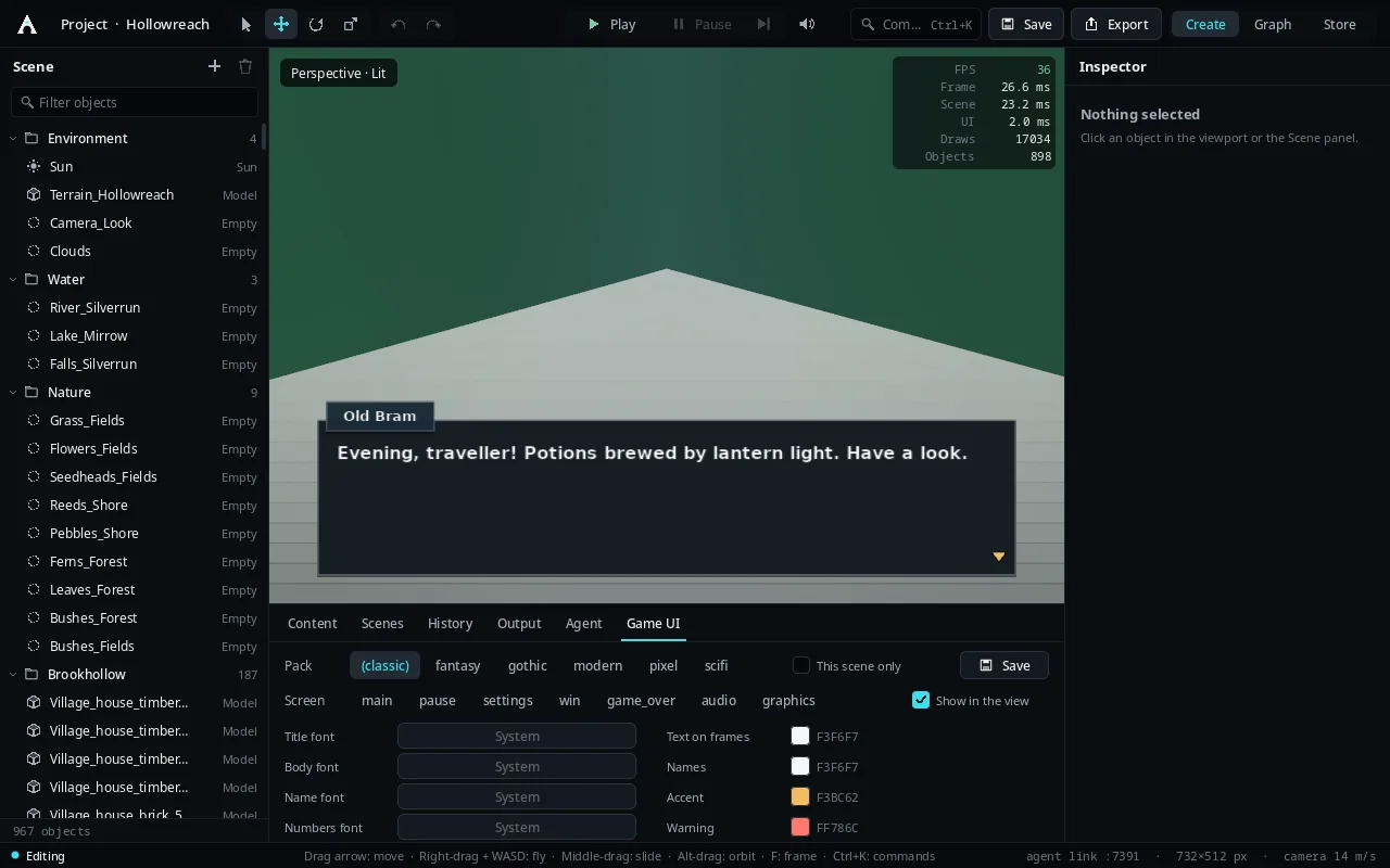 The Game UI panel previewing a dialogue box over Hollowreach