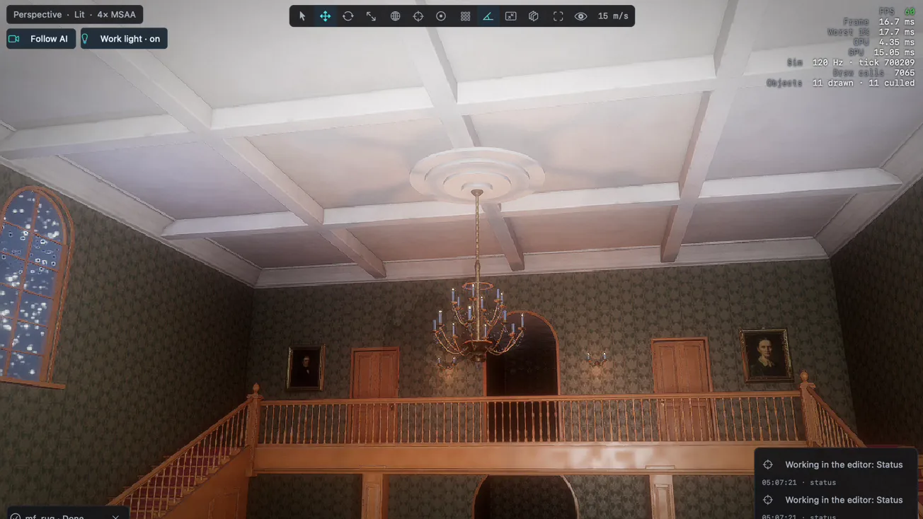 The Ashgrove grand hall being built in the editor with status cards in the corner