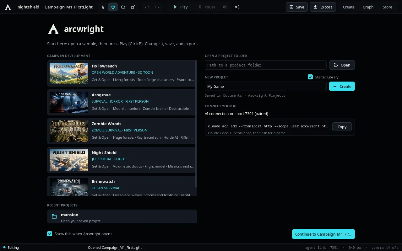 The Arcwright Start screen with the games in development listed