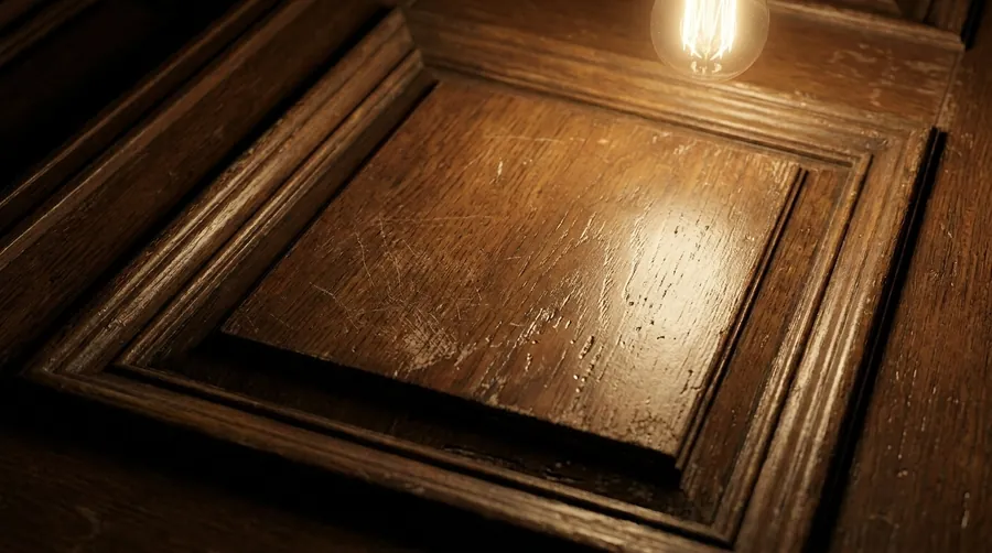 A Nano Banana light study of a wood door panel under a bare bulb