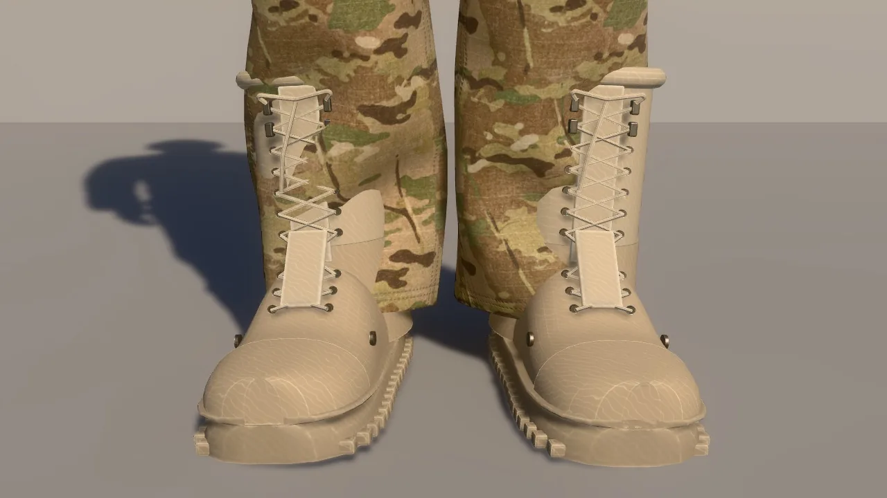 Combat boots with laces over camouflage trousers