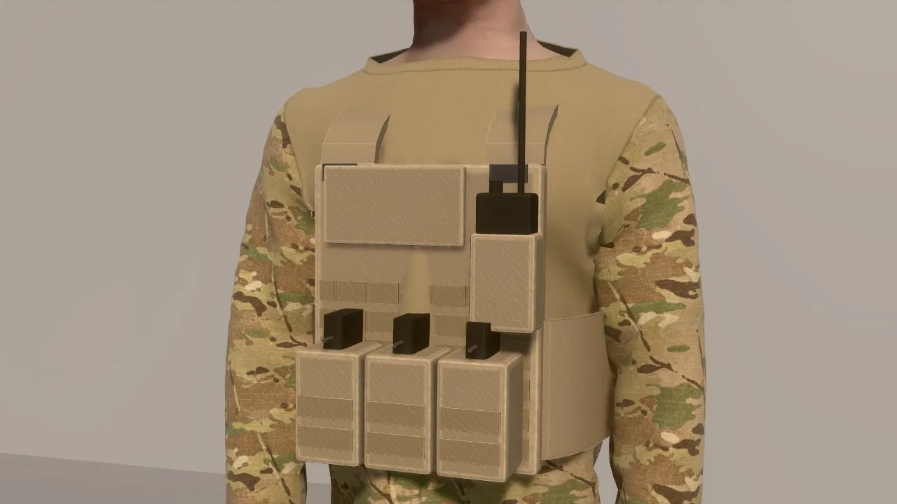 A soldier's plate carrier with pouches and a radio over a camouflage uniform