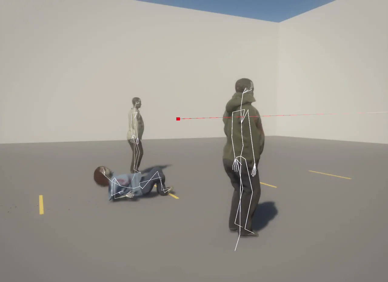 A fall test with the skeleton and the bullet path drawn