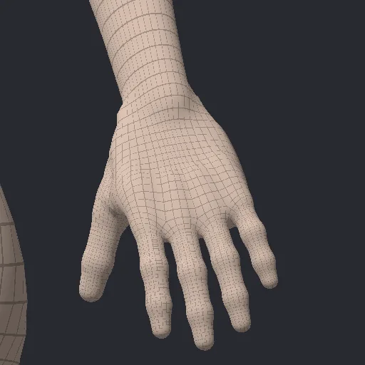 A wireframe close-up of a hand on an Arcwright body model