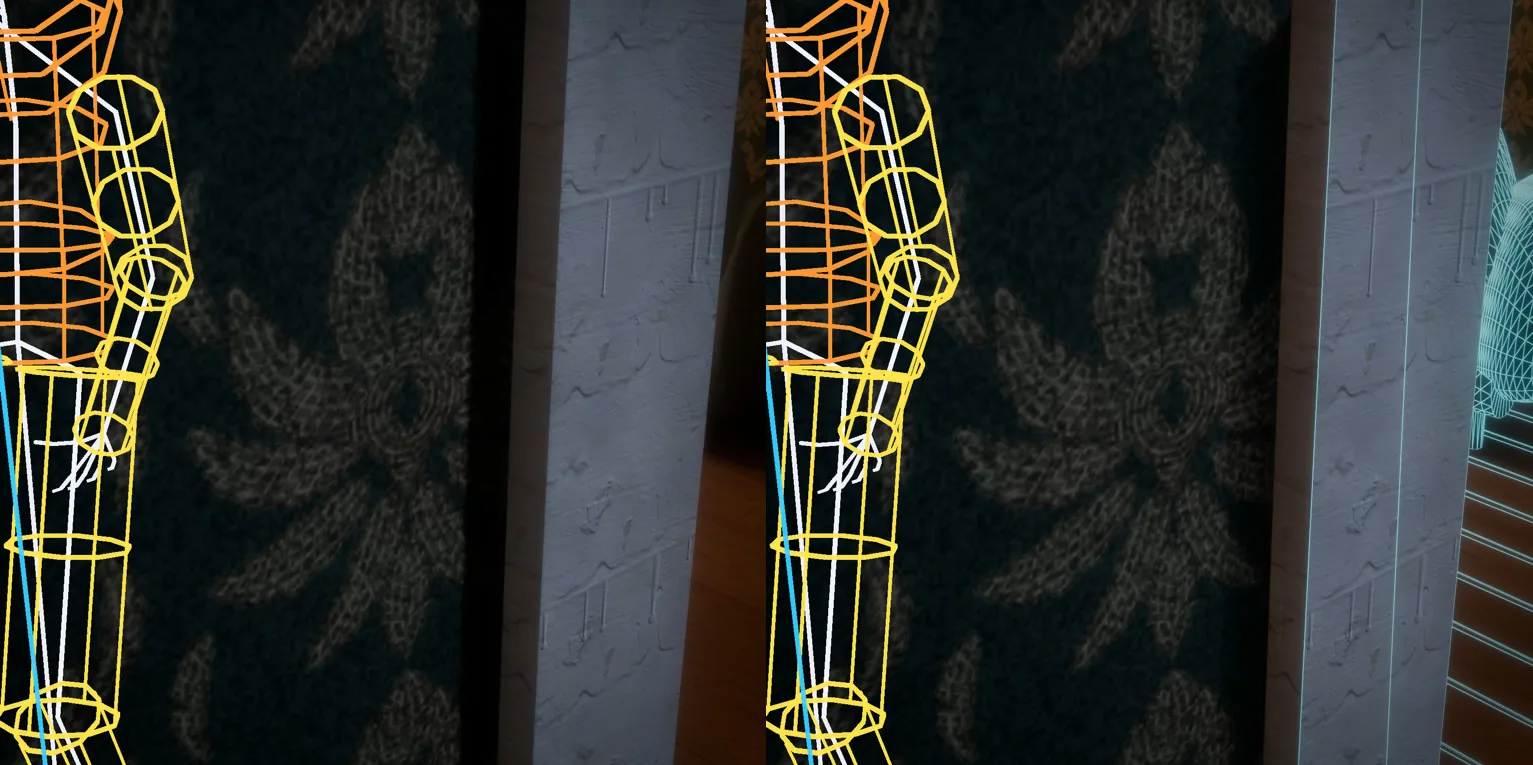 Hitbox wireframes over a character, from two angles
