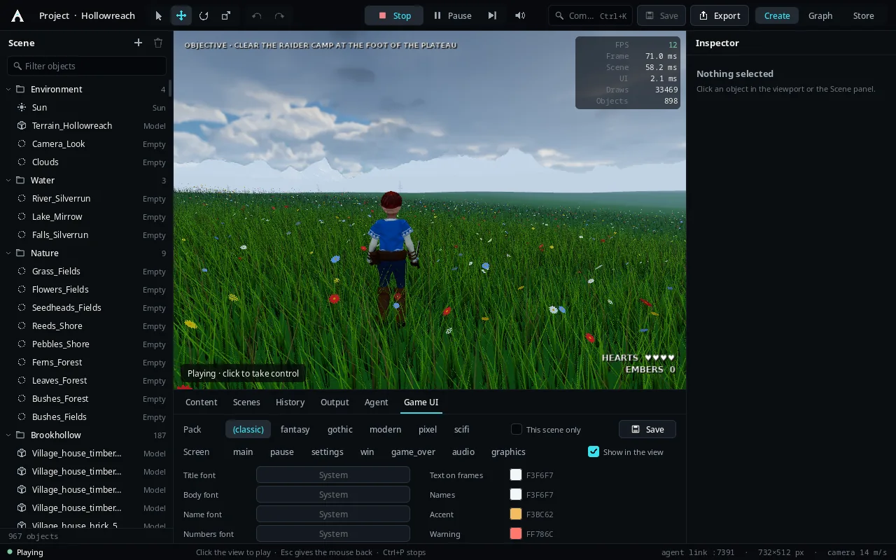 The full Arcwright editor on a Steam Deck under Linux, playing Hollowreach