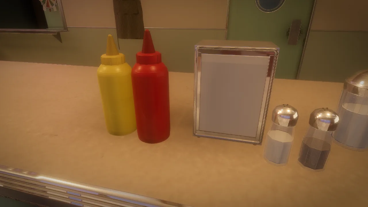 Ketchup and mustard bottles, a napkin holder and shakers on a diner counter, all forged