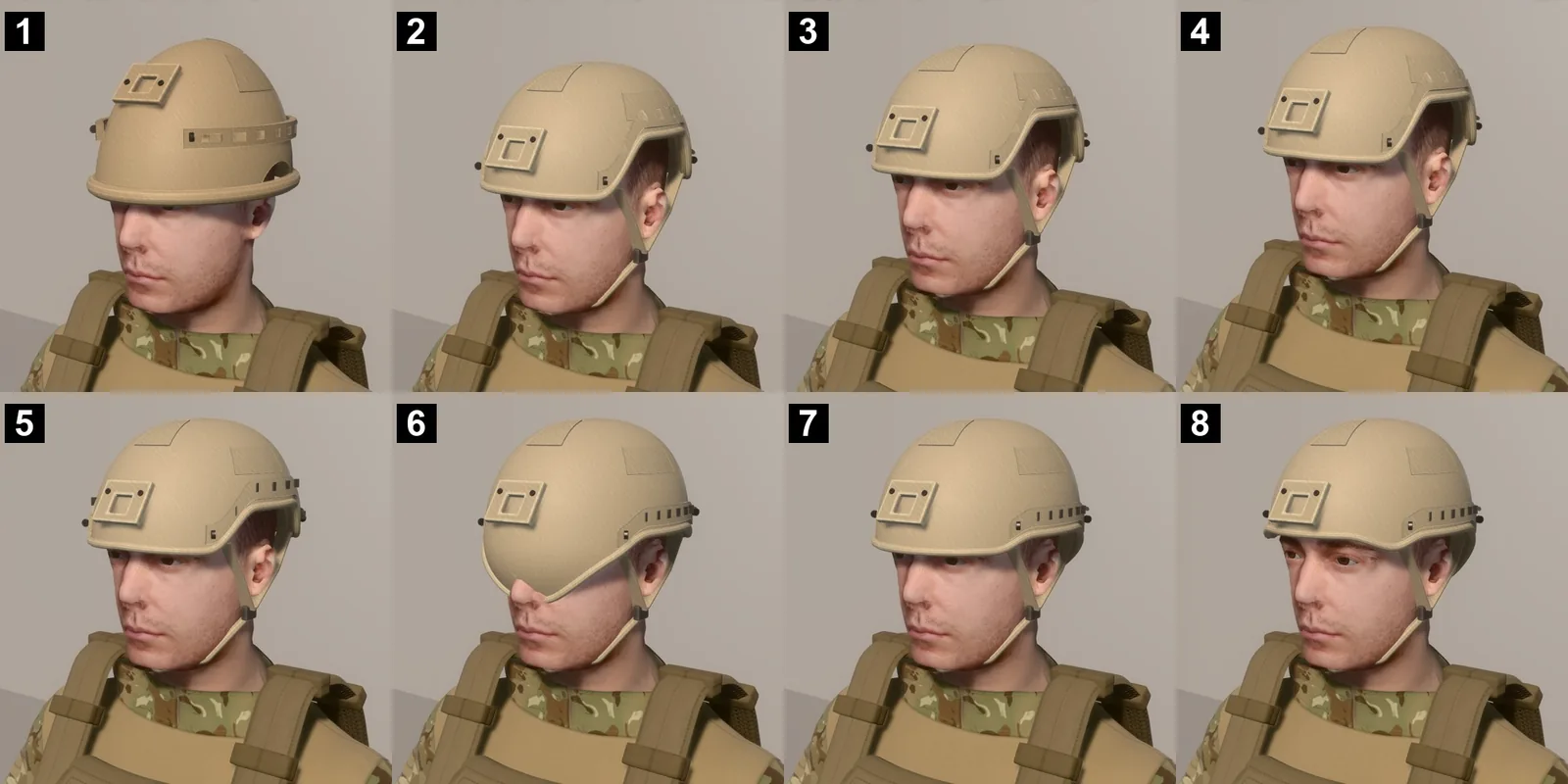 Eight numbered passes of a combat helmet on a soldier's head