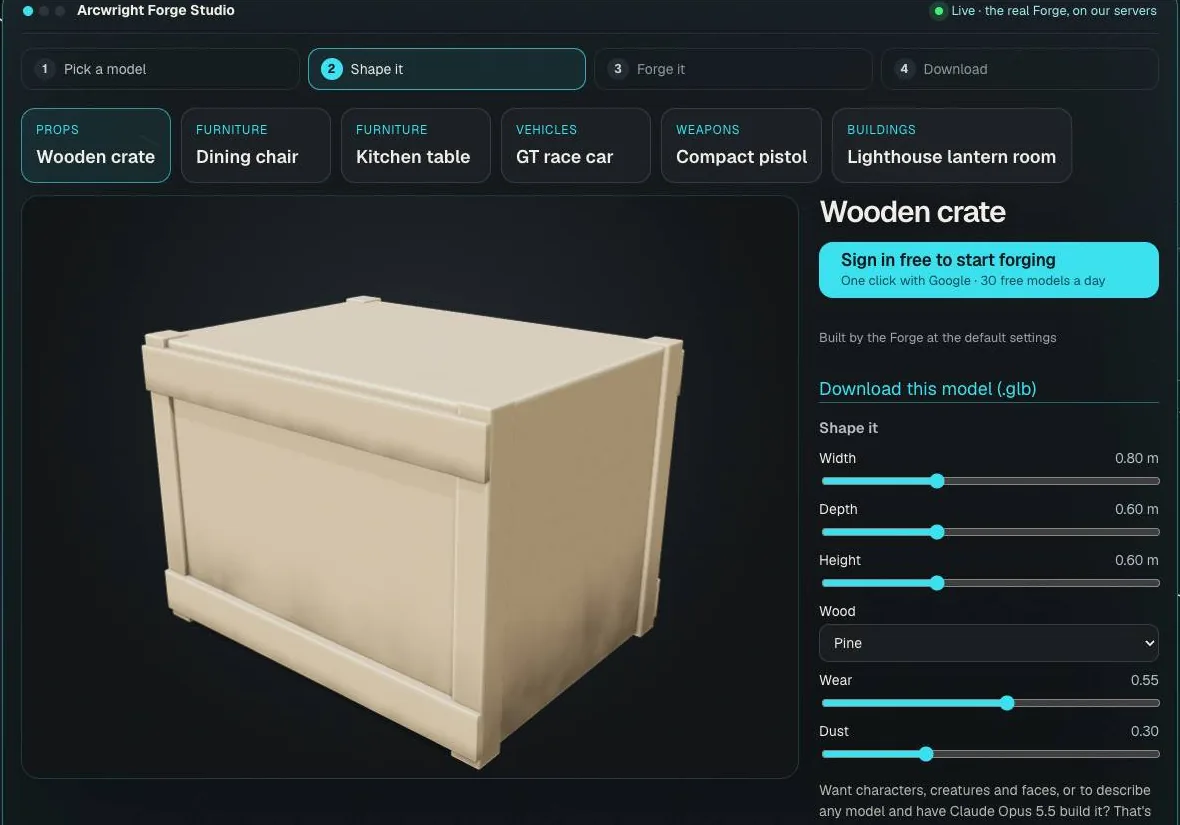 The Arcwright Forge Studio in the browser with a wooden crate