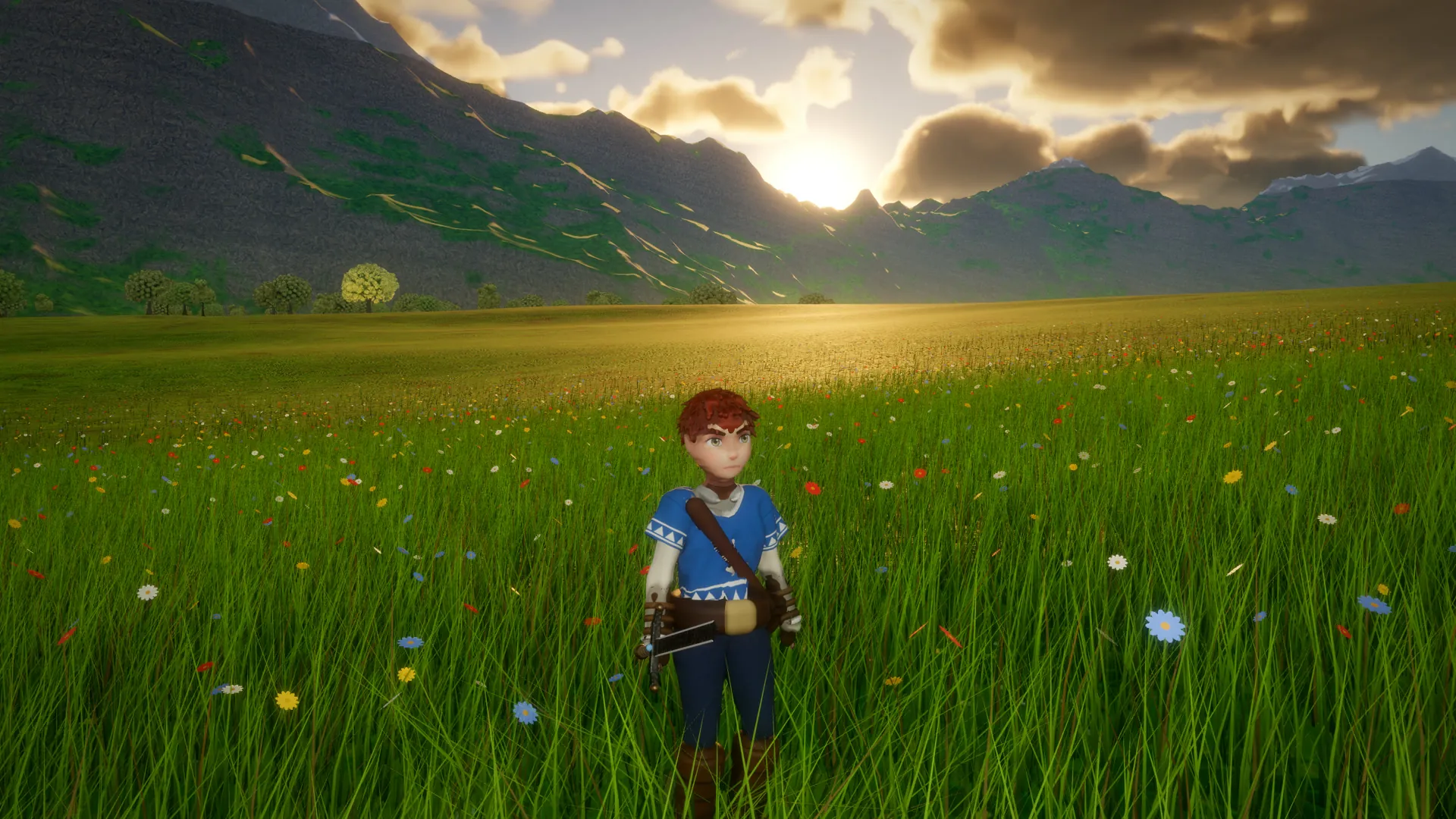 Rowan in a wildflower meadow, backlit by the setting sun, in Hollowreach