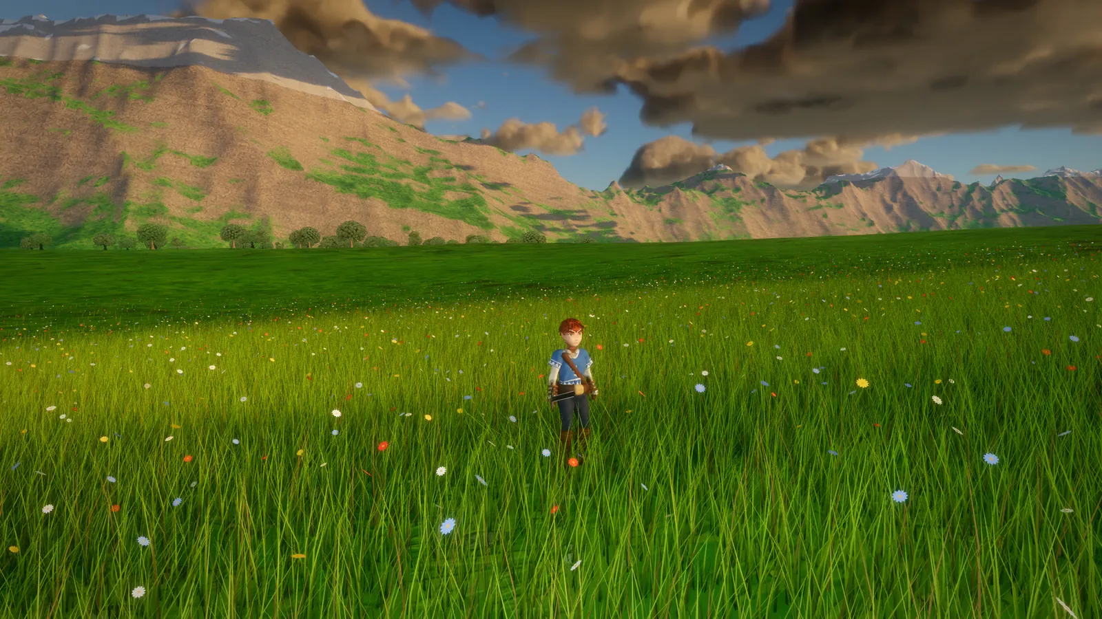 Rowan in the Hollowreach meadow with mountains and clouds behind