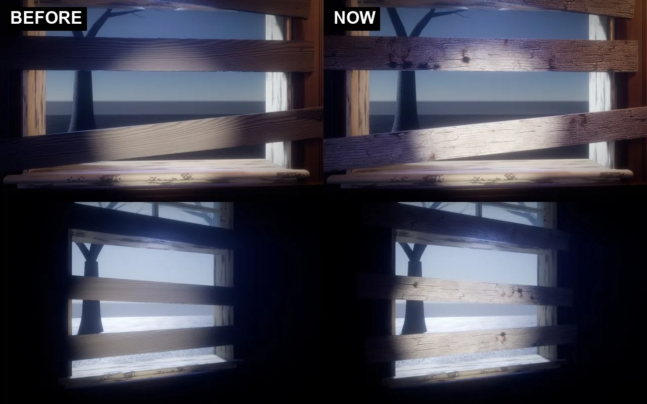 Boarded windows before and now, with each board's grain its own