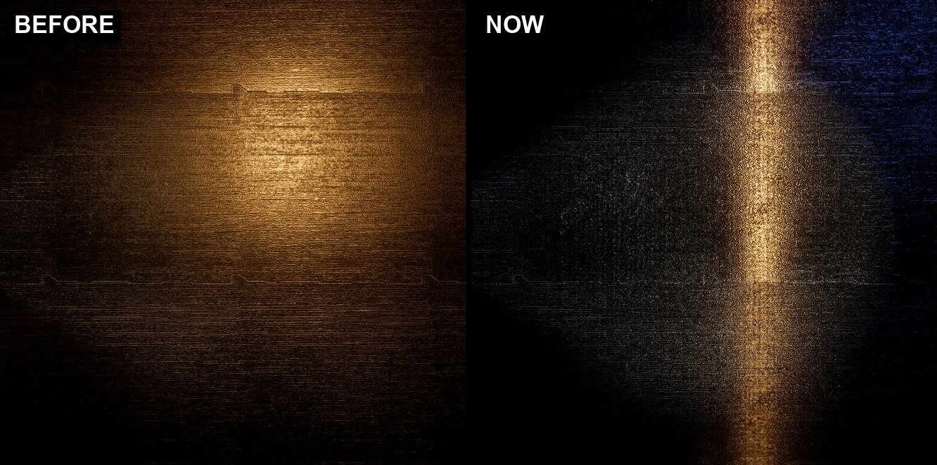 A brushed metal panel before and now, the highlight stretched along the brushing