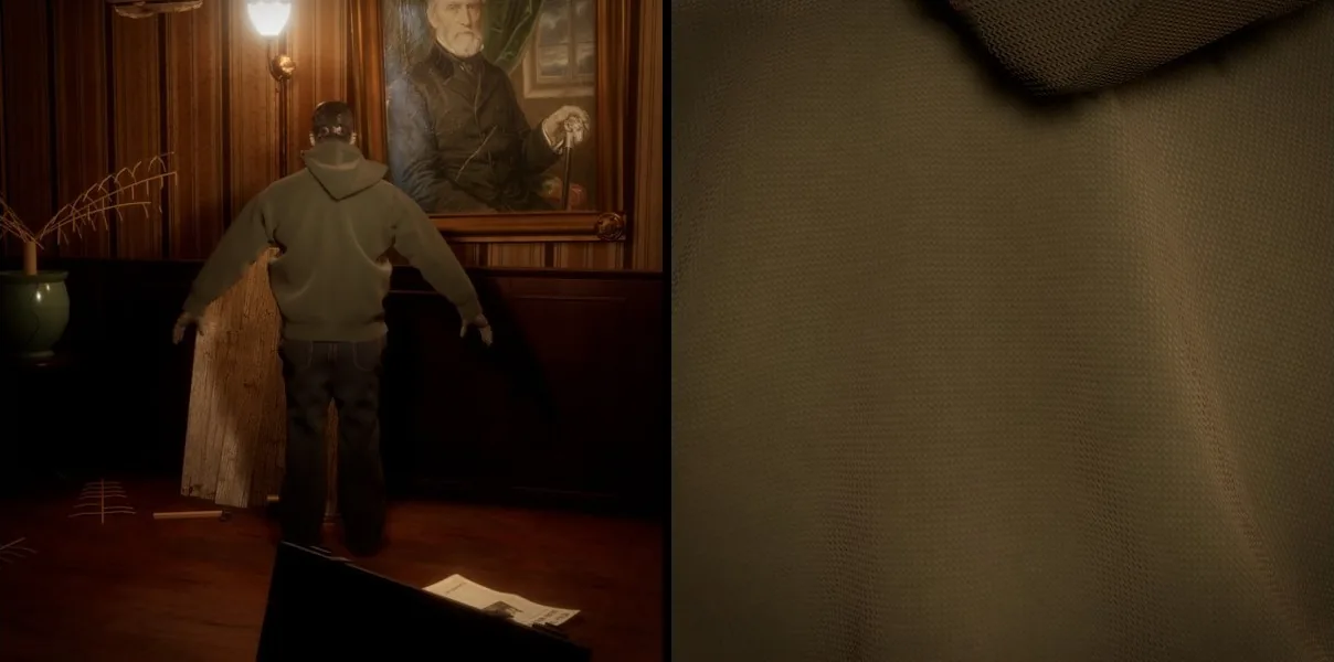 A hoodie in the Ashgrove hall and a close-up of its fabric threads