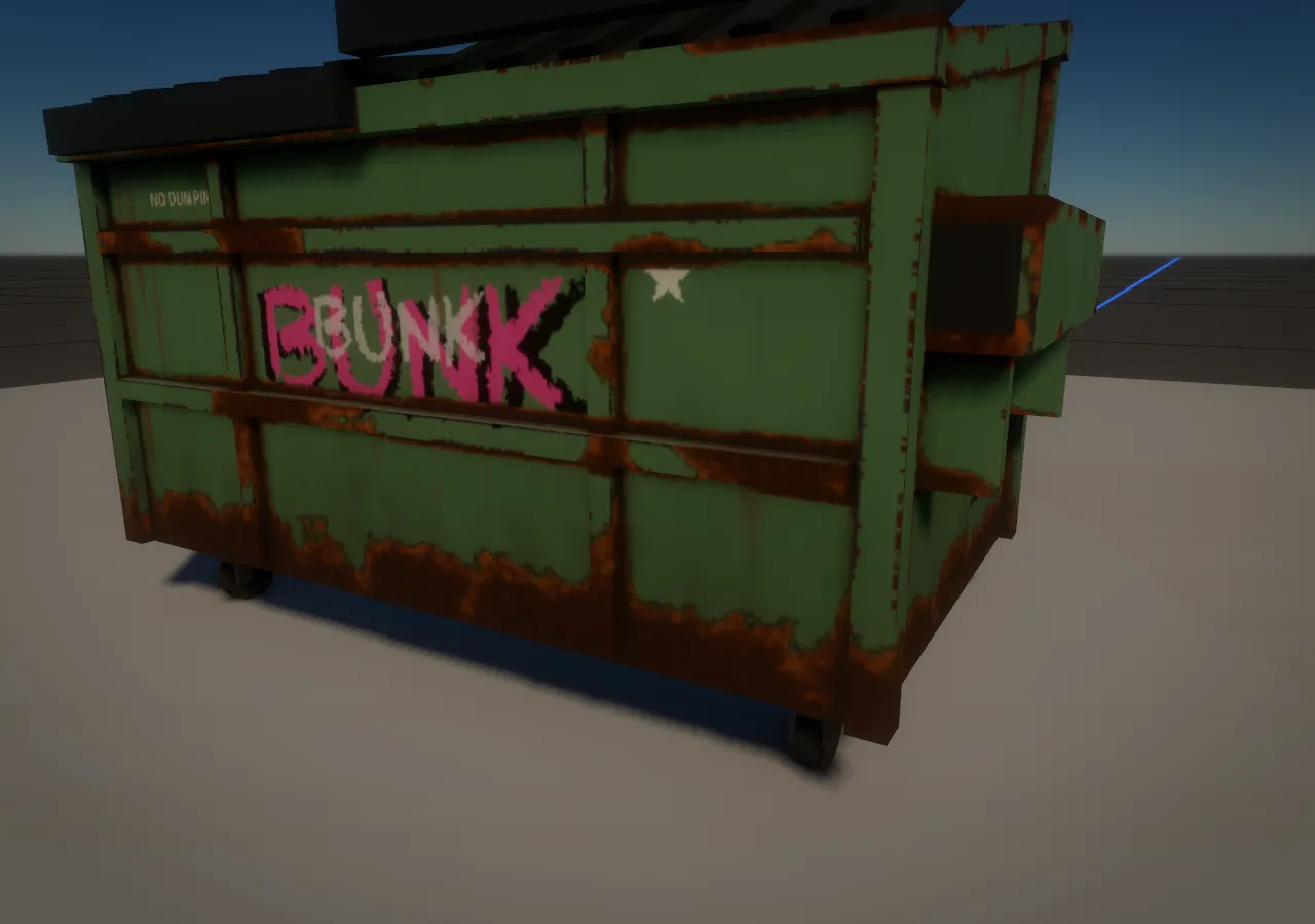 The same dumpster with rust along its edges and seams