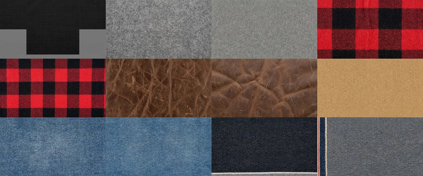 A sheet of fabric swatches: ripstop, wool, plaid, leather, denim, canvas