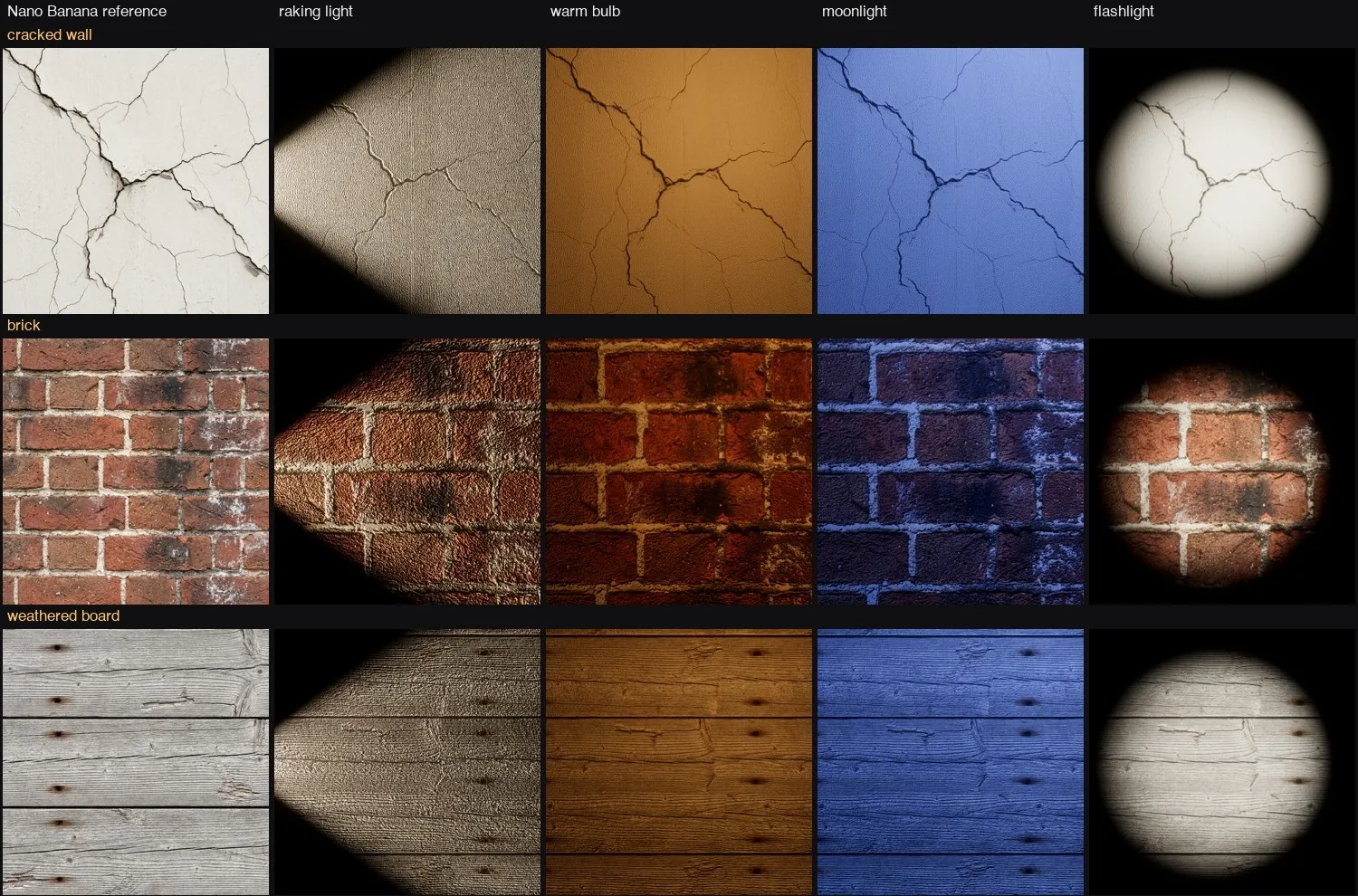 The light bench: cracked wall, brick and weathered board under raking light, a warm bulb, moonlight and a flashlight