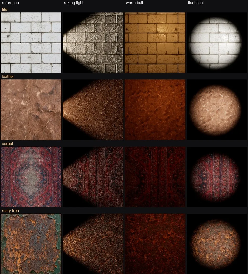 Tile, leather, carpet and rusted iron under raking light, a warm bulb and a flashlight