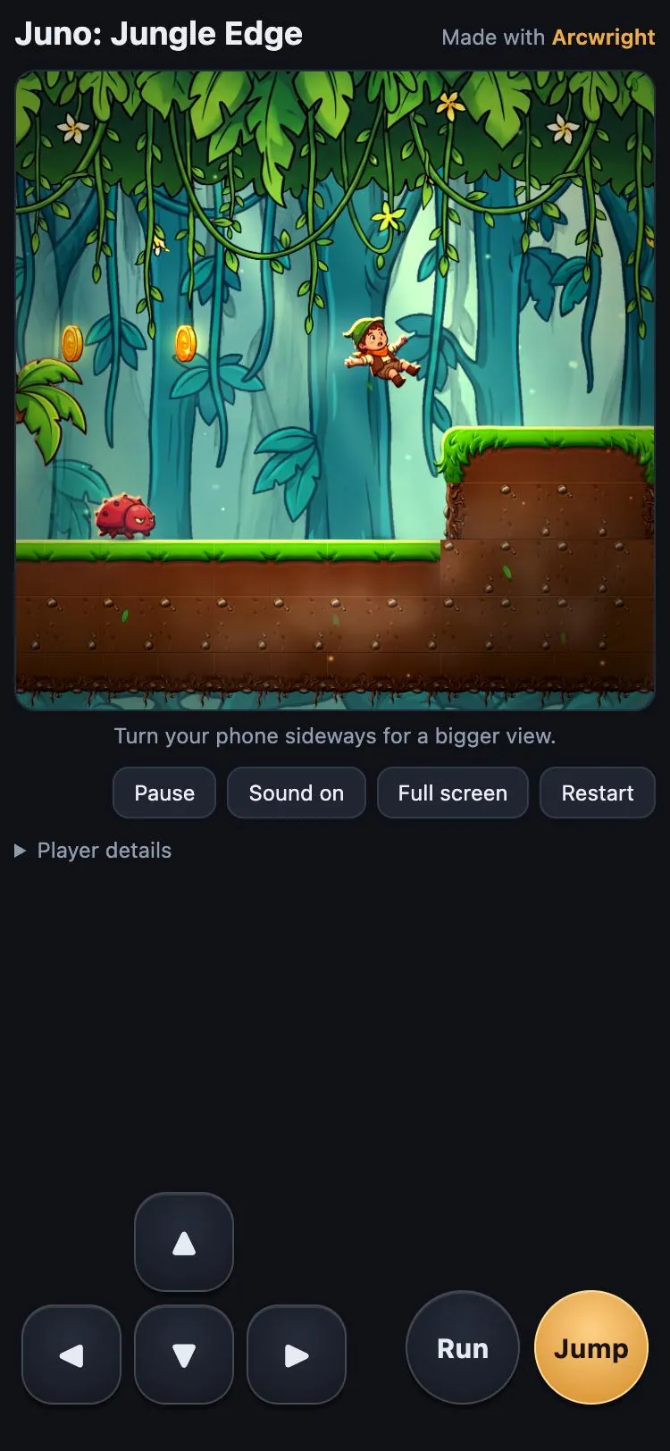 Juno mid-jump in a phone-size browser
