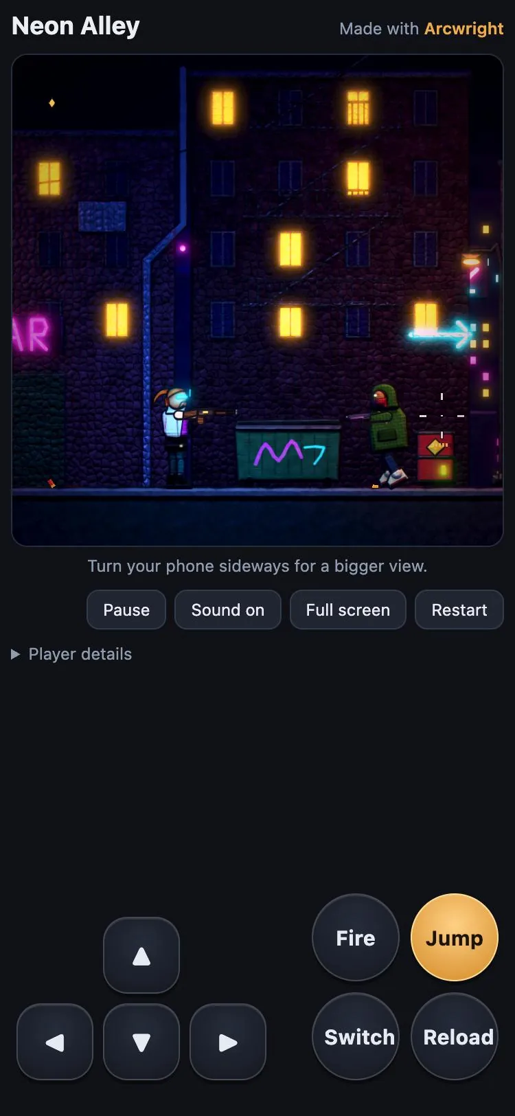 Neon Alley in a phone-size browser with its touch deck
