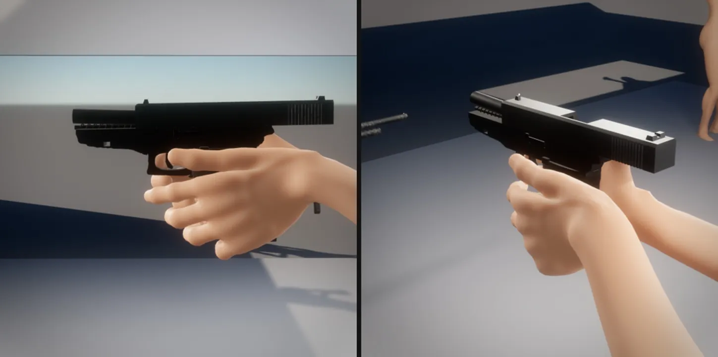 A pistol held in two hands, its slide locked open