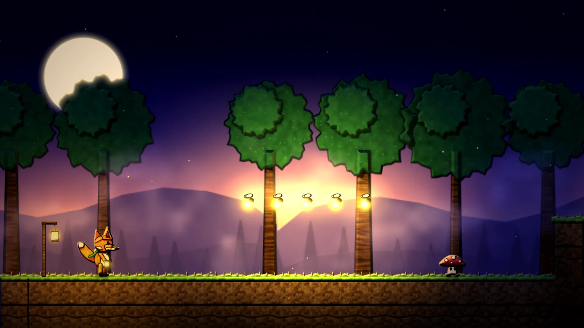 Firefly Grove: a fox in a forest clearing at dusk, drawn in code