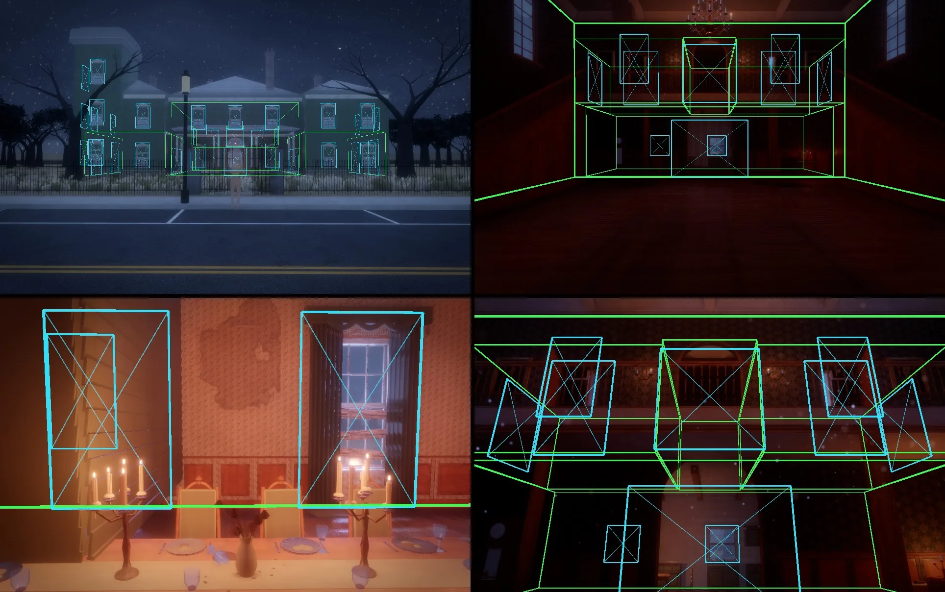 The rooms view: green room bounds and cyan openings over the mansion