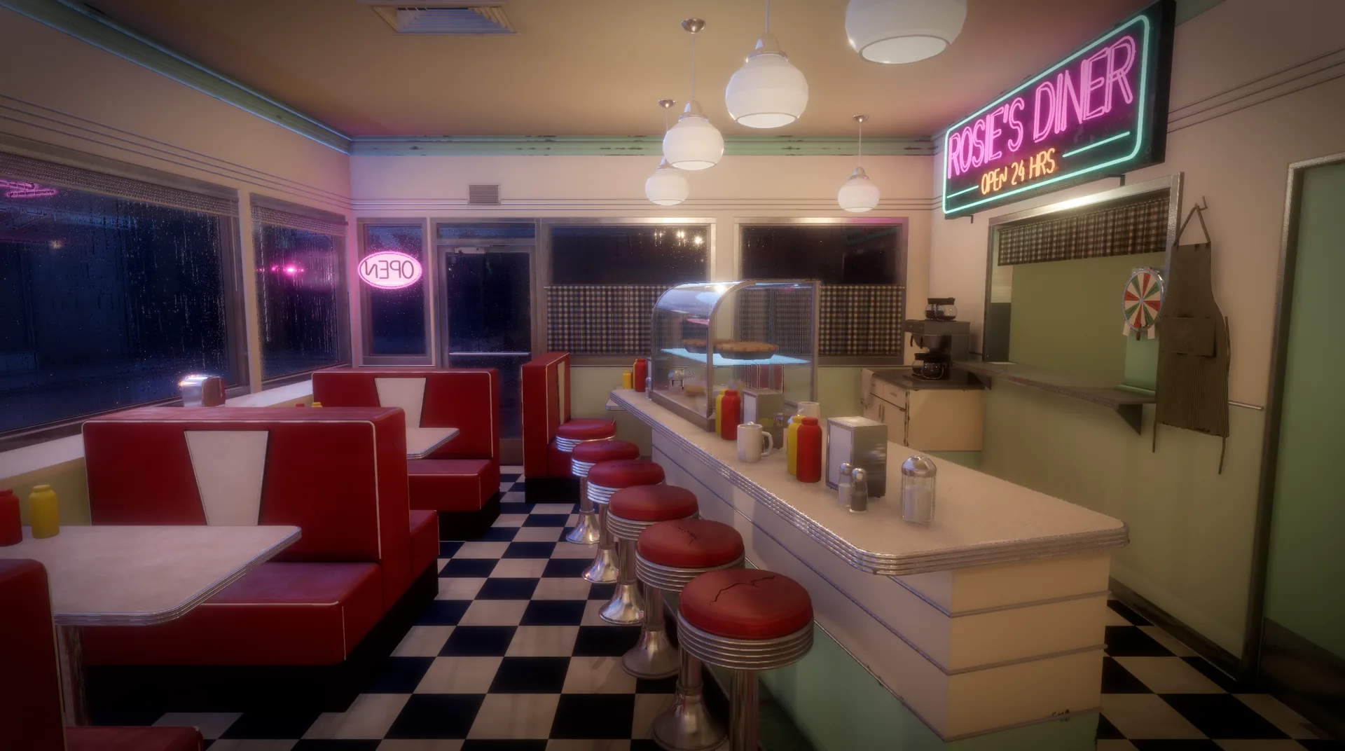 Rosie's Diner at night: neon sign, chrome stools, a checker floor and rain on the windows