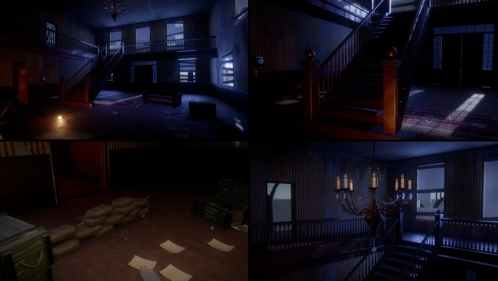 Four details of the Ashgrove foyer: candlelight, moonlight, sandbags and the chandelier