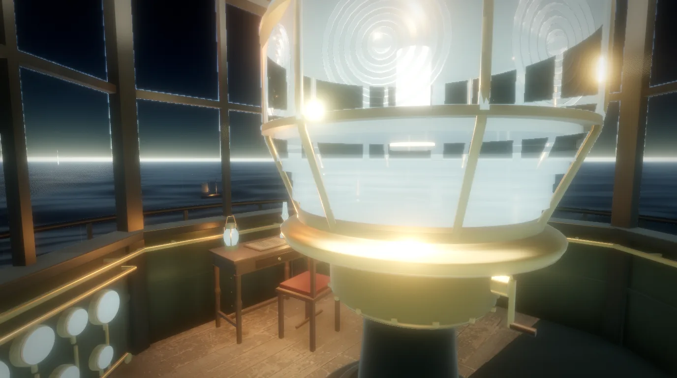 A Fresnel lens in a lighthouse lantern room