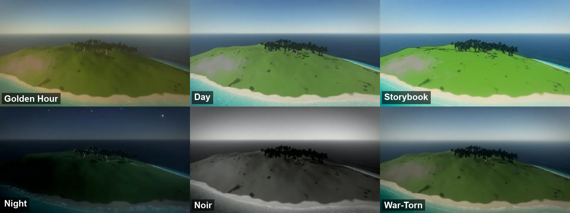 The same island in six looks: Golden Hour, Day, Storybook, Night, Noir and War-Torn