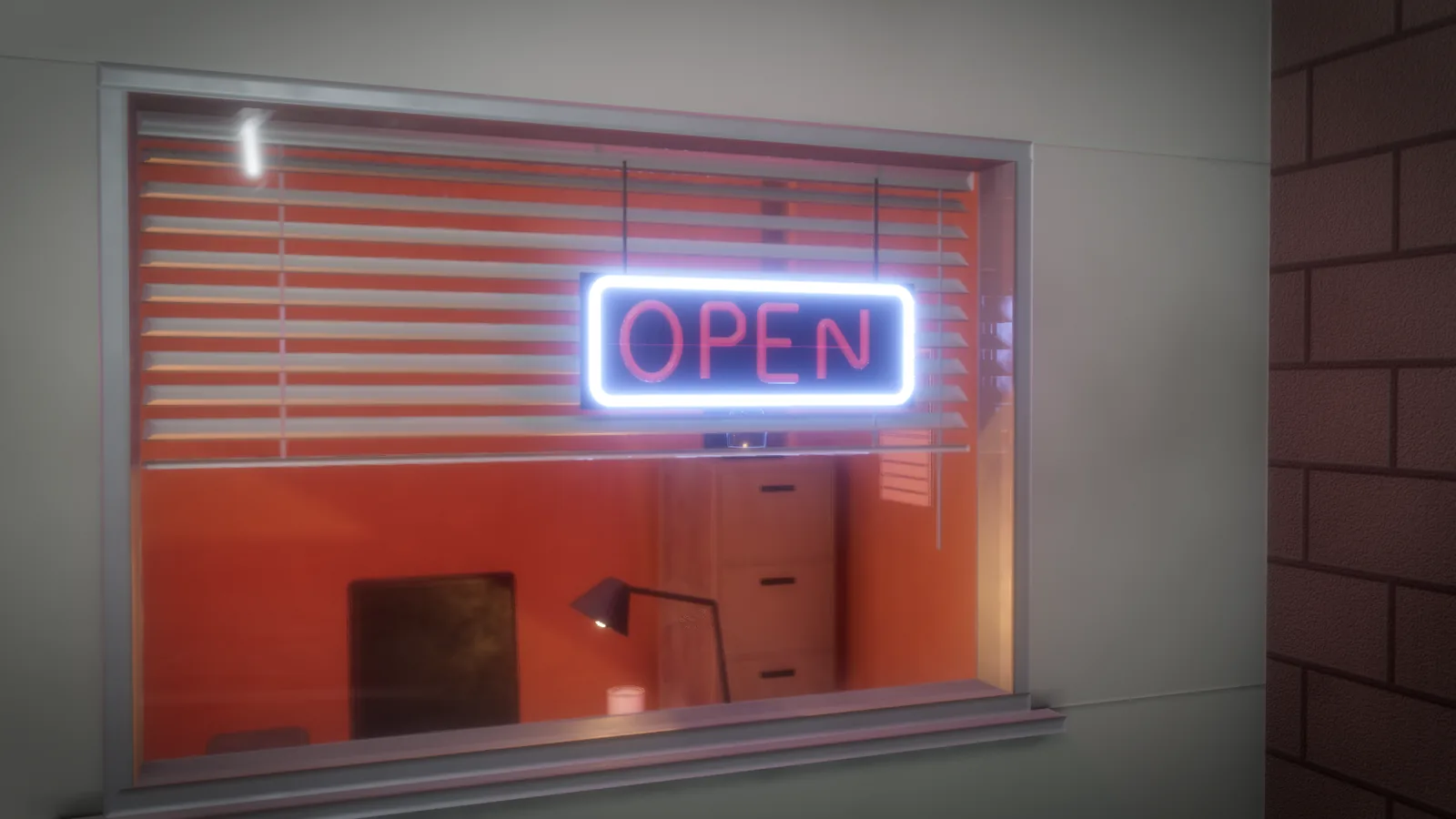 A neon OPEN sign glowing behind window blinds in a garage office