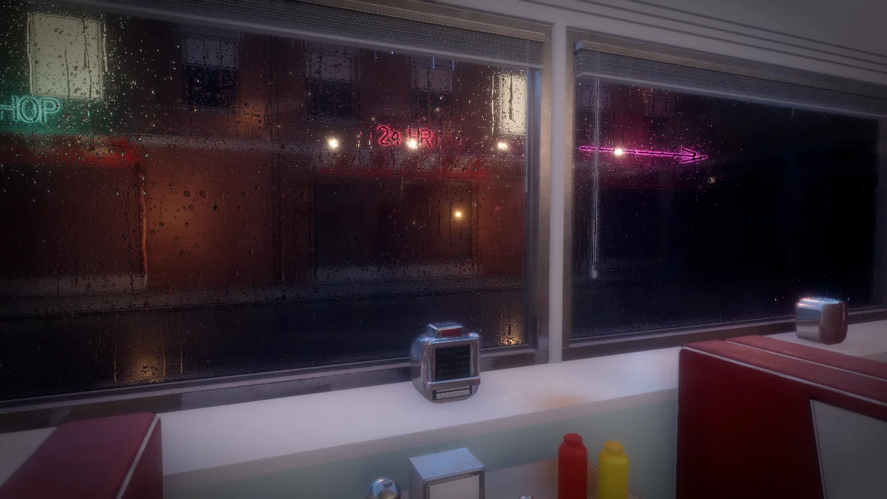 Rain running down the diner window with neon outside