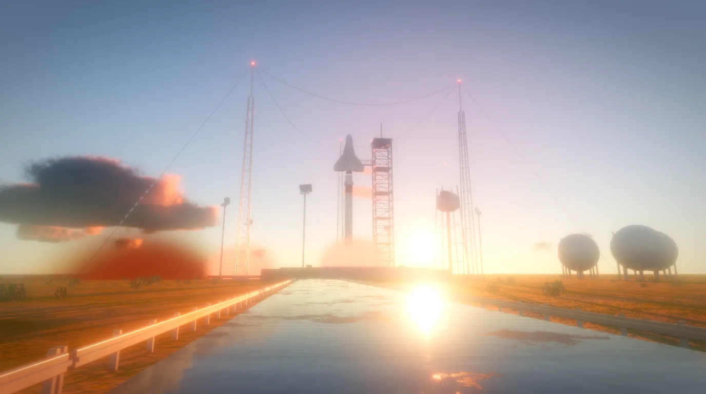 The sun reflected in a wet road at the launch pad