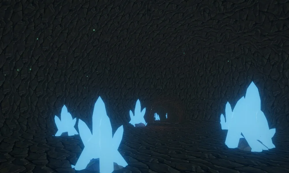 A cave chamber lit by glowing crystals