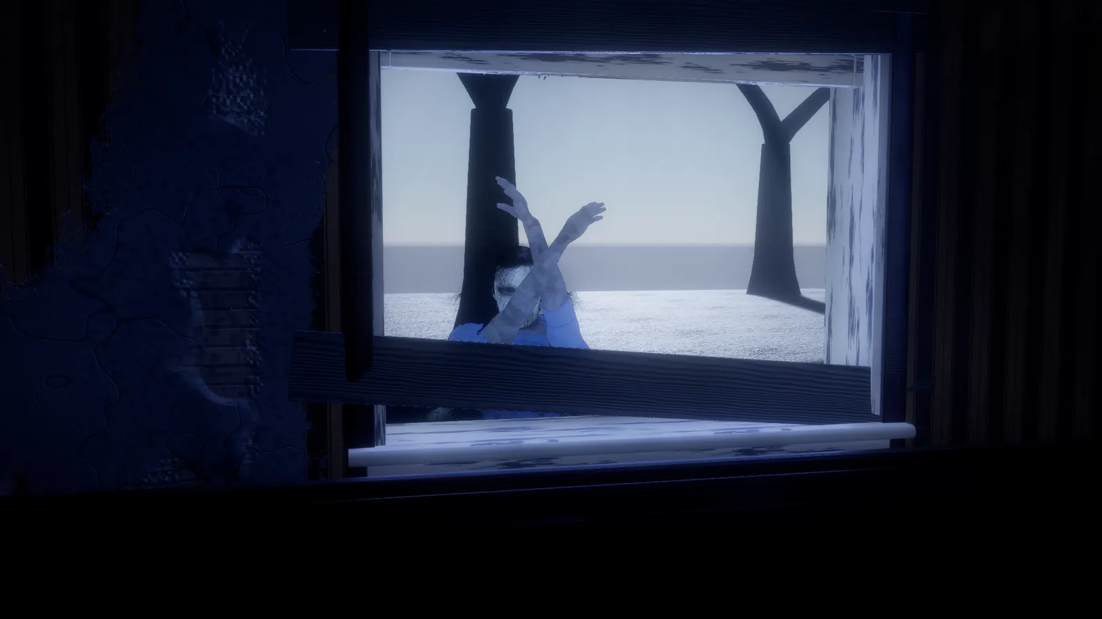 A zombie reaching through a boarded window