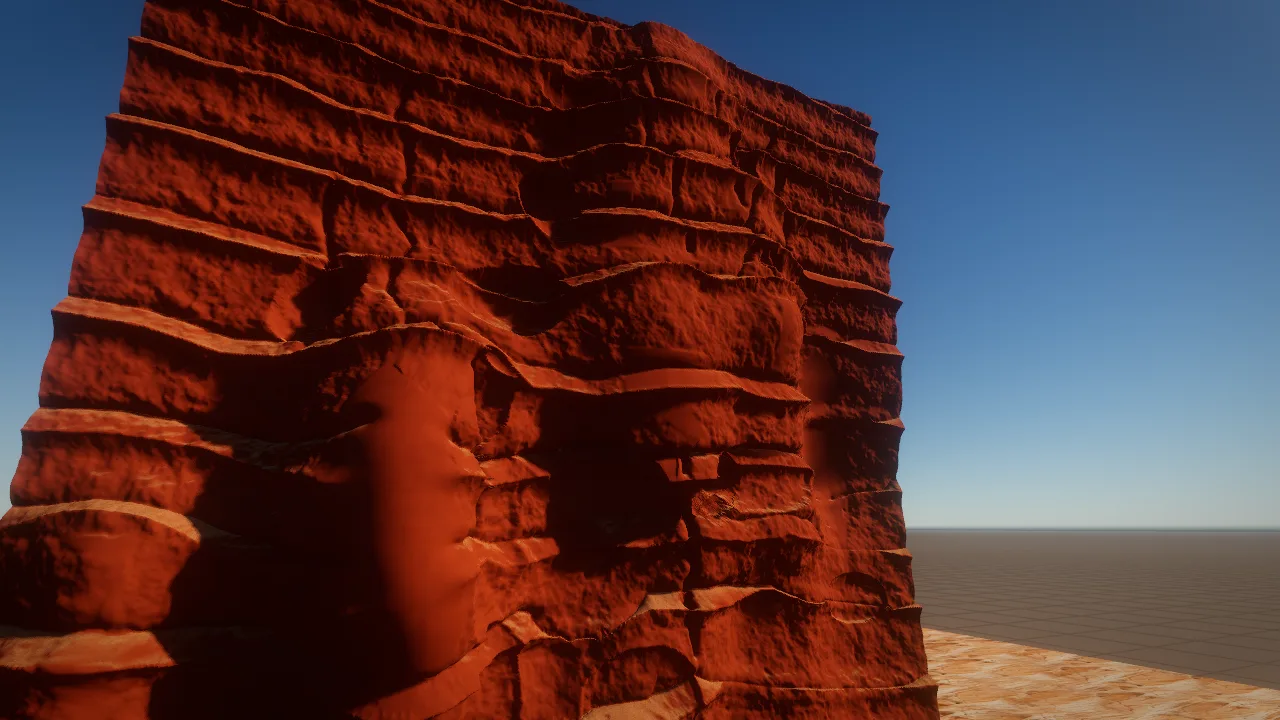 A sculpted red sandstone canyon wall under a hard sun